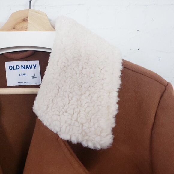 Old Navy Coat Size L Tall Camel Brown Sherpa Collar Faux Wool NEW - Picture 7 of 10